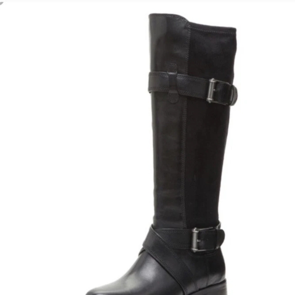 Cole Haan Black Buckled Riding Boots with Suede Panels